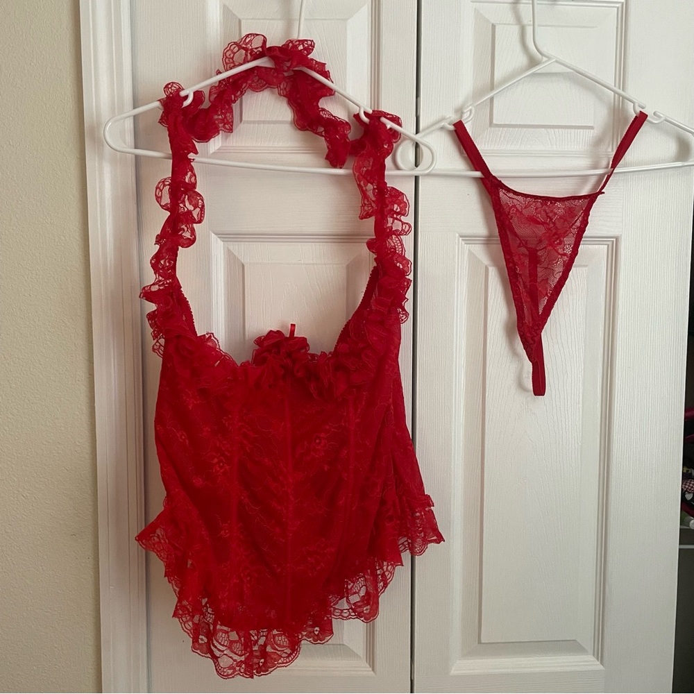 Hips and Curves Red Lace Lingerie Corset and G-string 2X